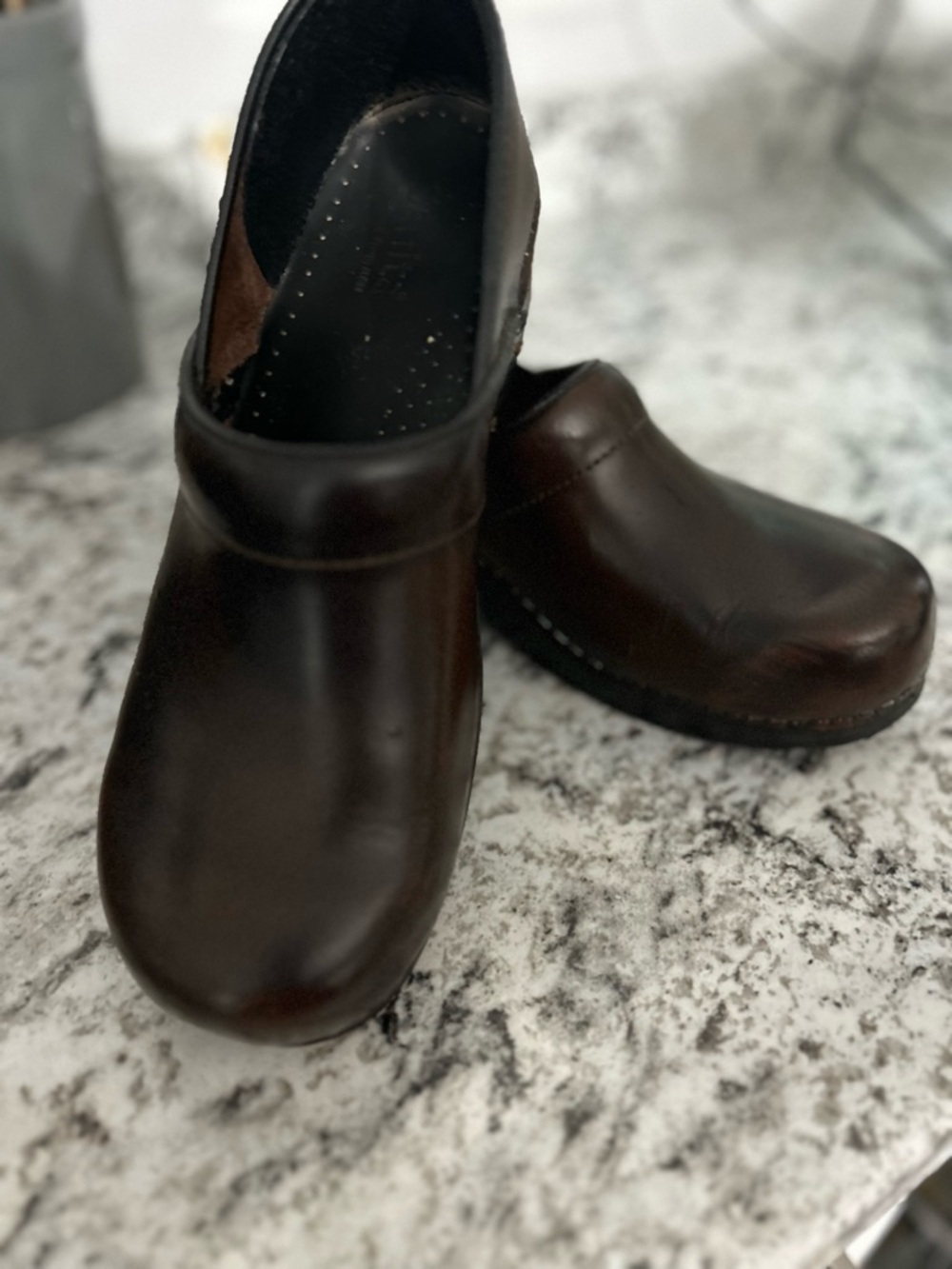 Sanita Dark Brown Leather Slip-On Clogs
